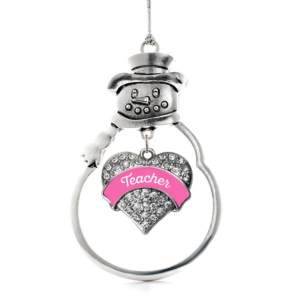 Silver Pink Teacher Pave Heart Charm Snowman Ornament