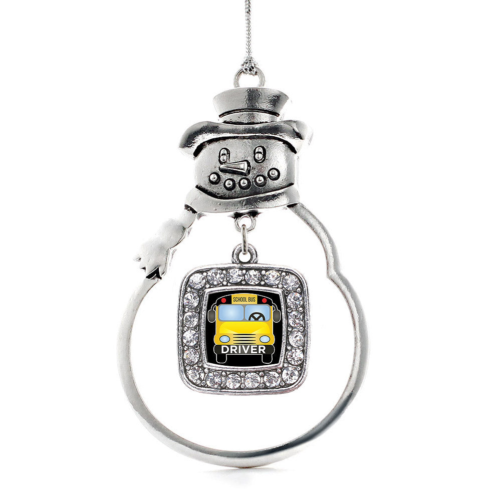 Silver School Bus Square Charm Snowman Ornament