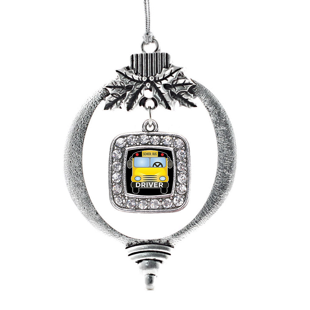 Silver School Bus Square Charm Holiday Ornament