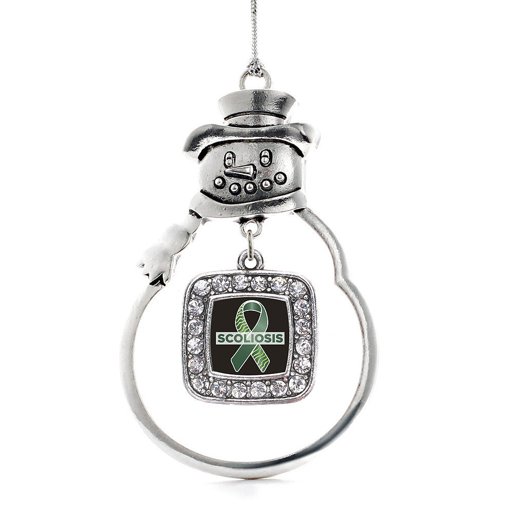 Silver Scoliosis Support and Awareness Square Charm Snowman Ornament