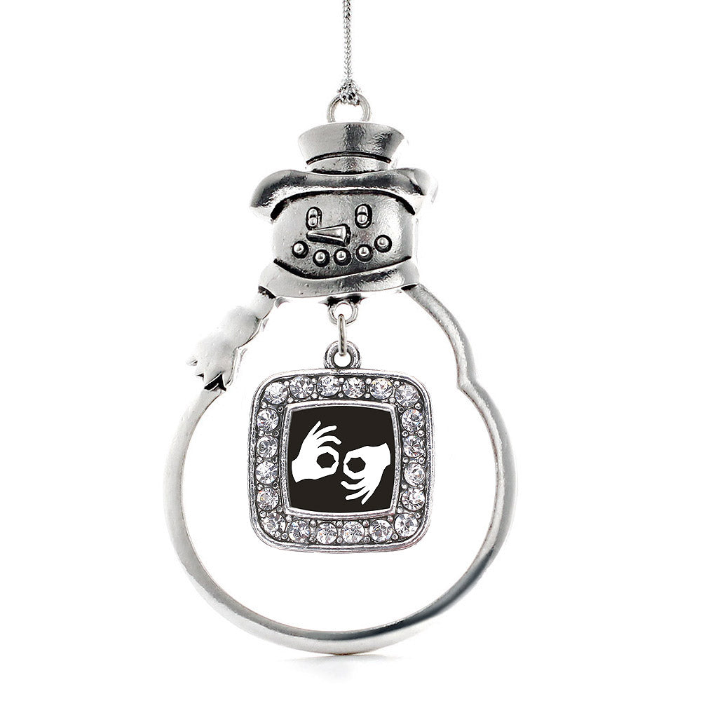 Silver Sign Language Interpreter Square Charm Snowman Ornament