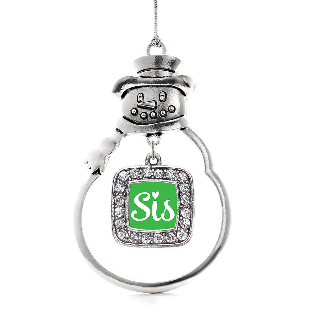 Silver Sis Green Script Square Charm Snowman Ornament