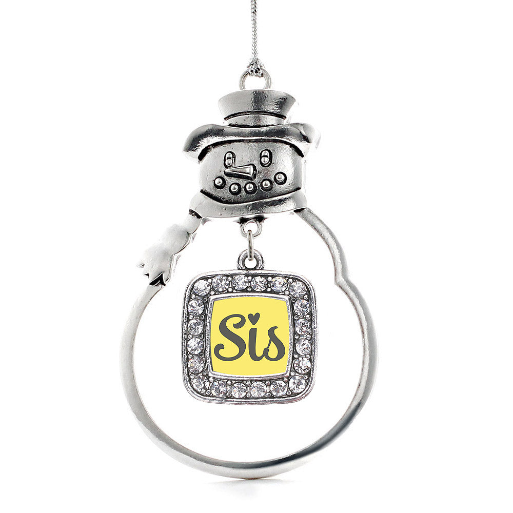 Silver Sis Yellow Script Square Charm Snowman Ornament