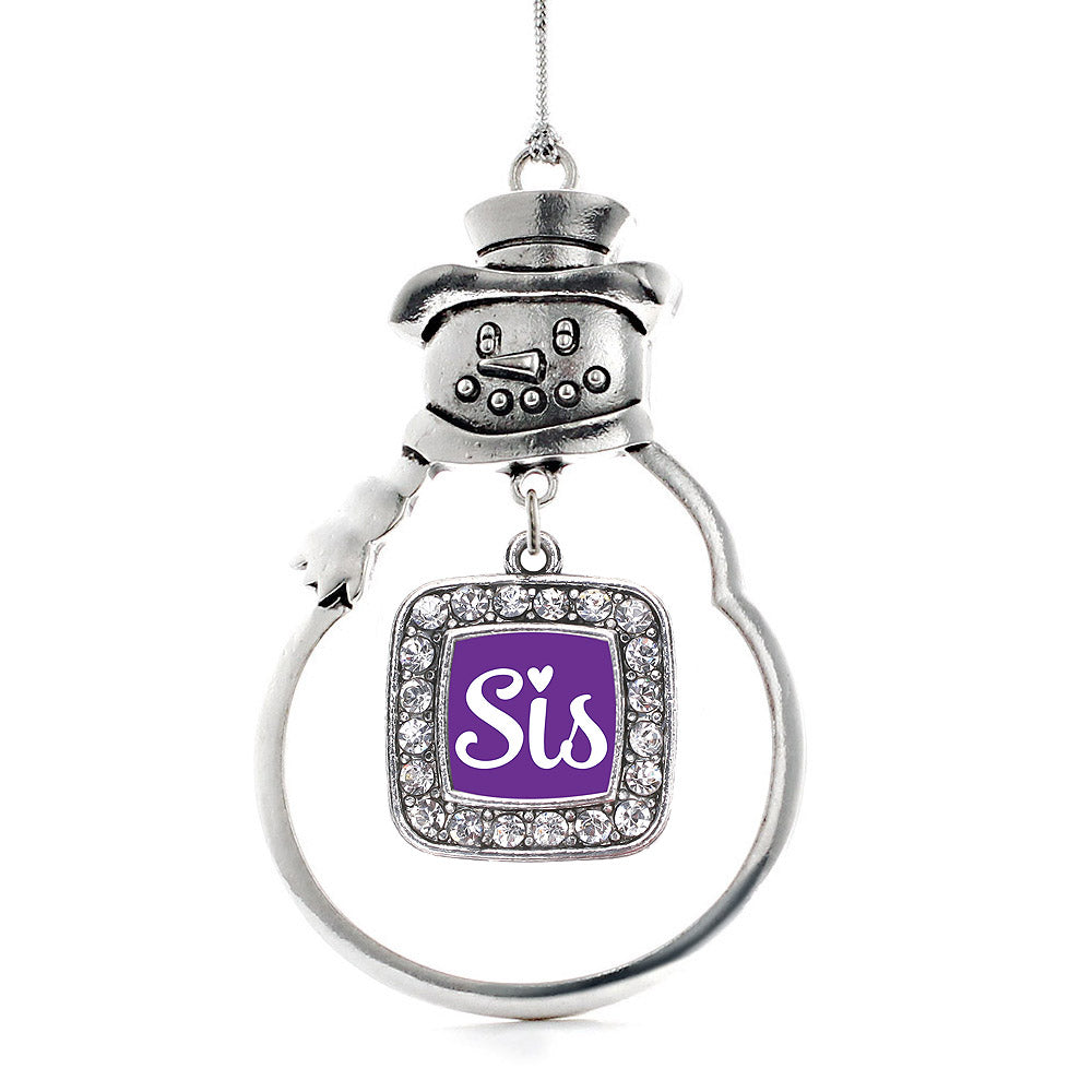 Silver Sis Purple Script Square Charm Snowman Ornament