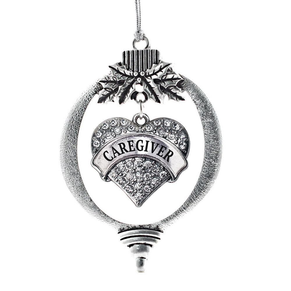 Silver Caregiver Pave Heart Charm Holiday Ornament