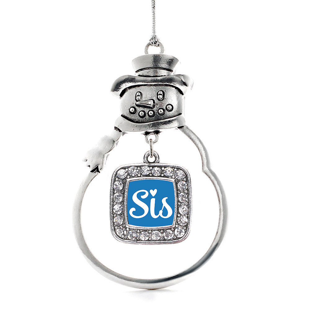 Silver Sis Blue Script Square Charm Snowman Ornament