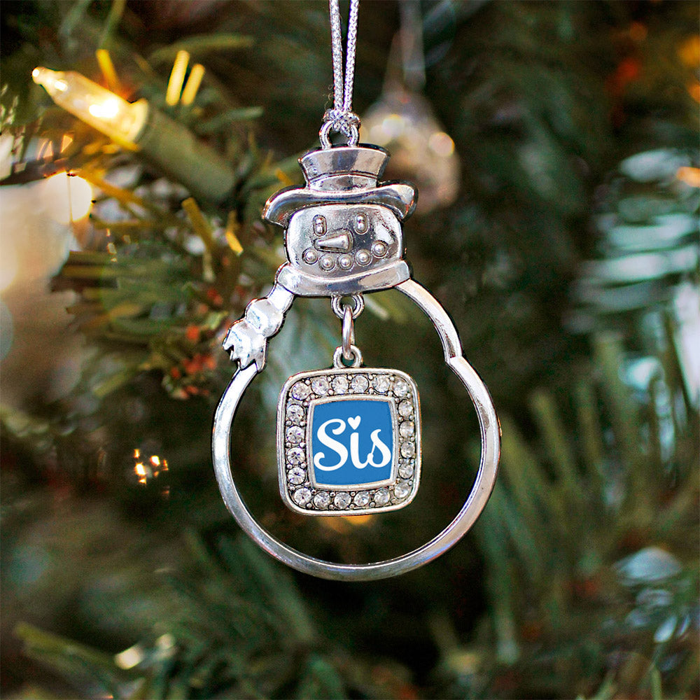 Silver Sis Blue Script Square Charm Snowman Ornament