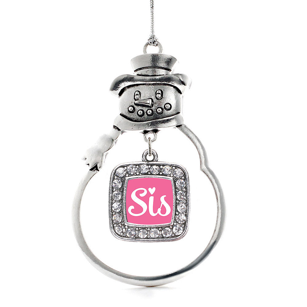 Silver Sis Pink Script Square Charm Snowman Ornament