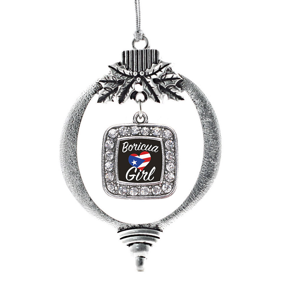 Silver Boricua Girl Square Charm Holiday Ornament