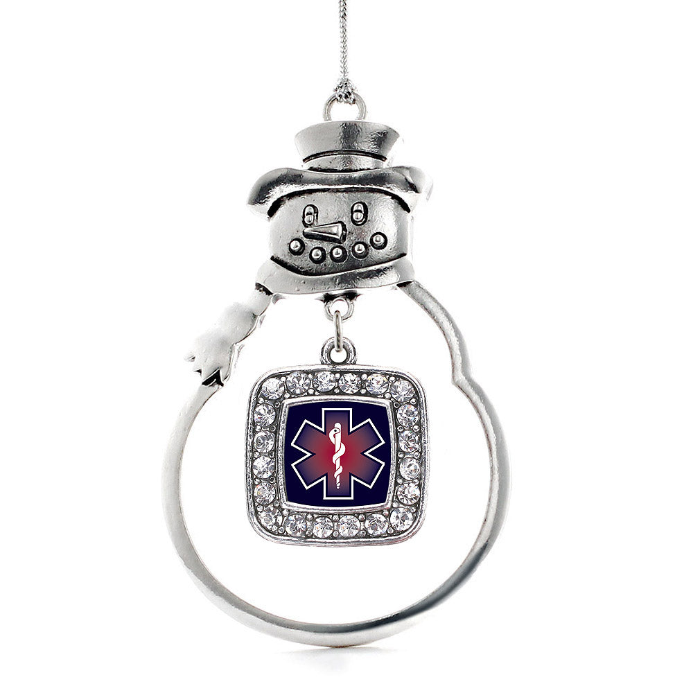 Silver Star Of Life EMT / EMS Square Charm Snowman Ornament