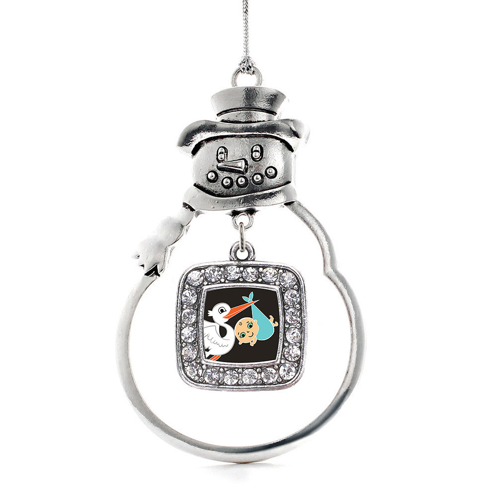 Silver Stork Brings A Boy Square Charm Snowman Ornament