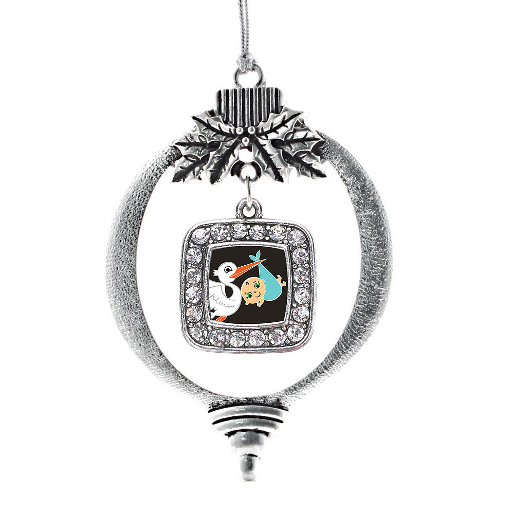 Silver Stork Brings A Boy Square Charm Holiday Ornament