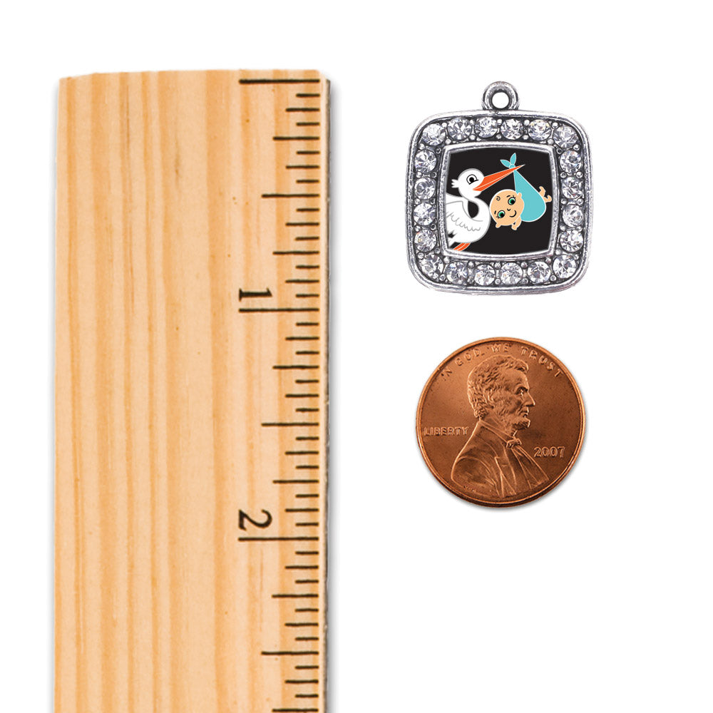 Silver Stork Brings A Boy Square Charm Holiday Ornament