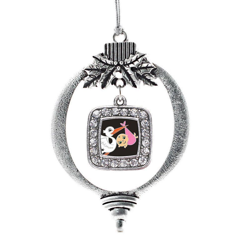 Silver Stork Brings A Girl Square Charm Holiday Ornament
