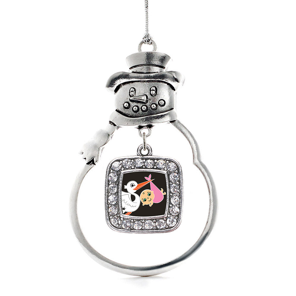 Silver Stork Brings A Girl Square Charm Snowman Ornament