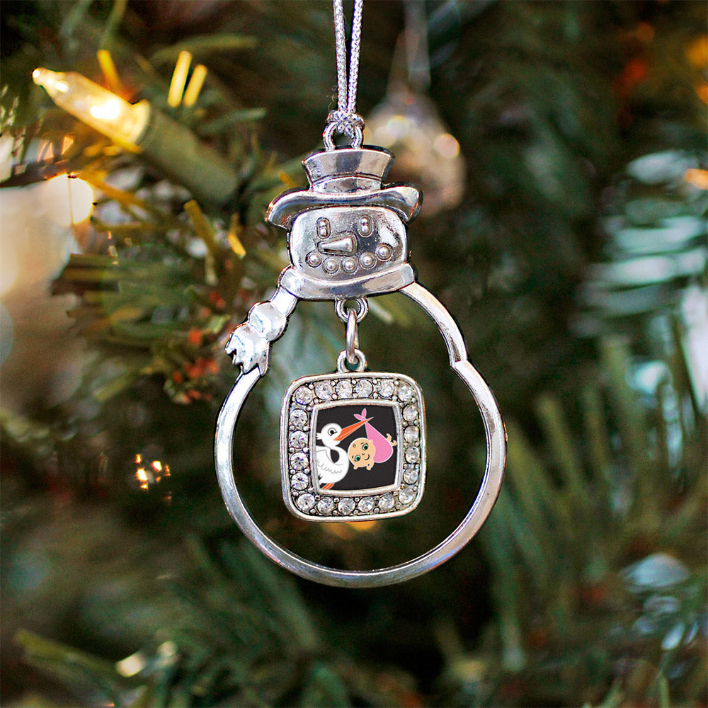 Silver Stork Brings A Girl Square Charm Snowman Ornament