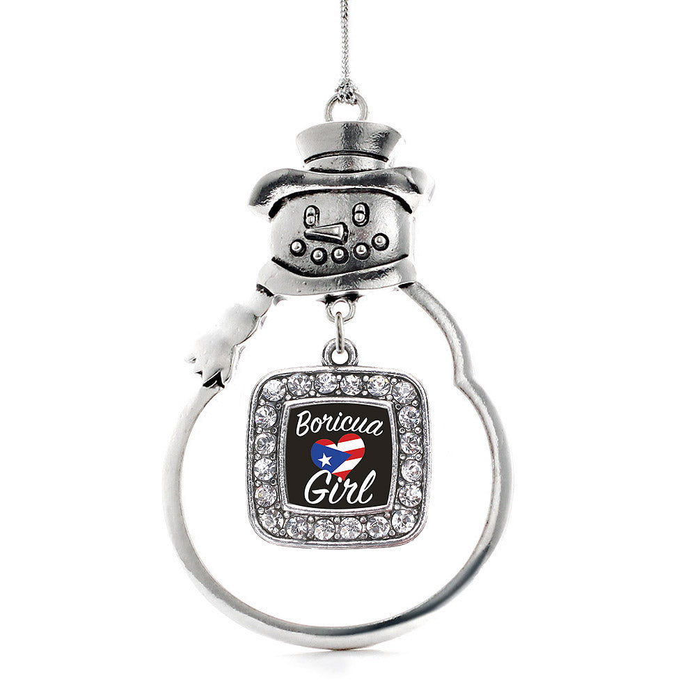 Silver Boricua Girl Square Charm Snowman Ornament
