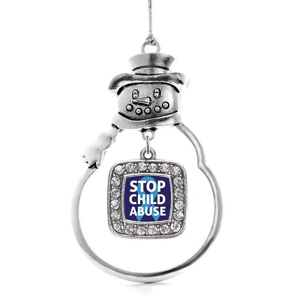 Silver Stop Child Abuse Square Charm Snowman Ornament