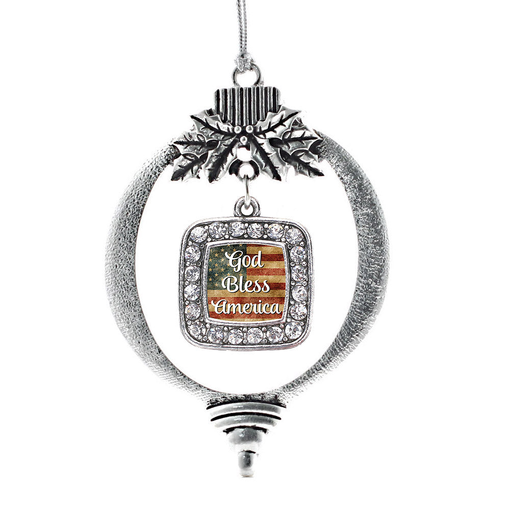 Silver God Bless America Square Charm Holiday Ornament