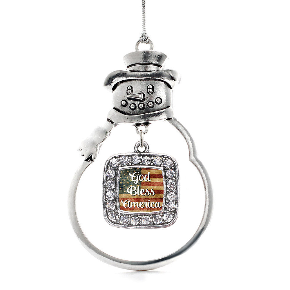 Silver God Bless America Square Charm Snowman Ornament