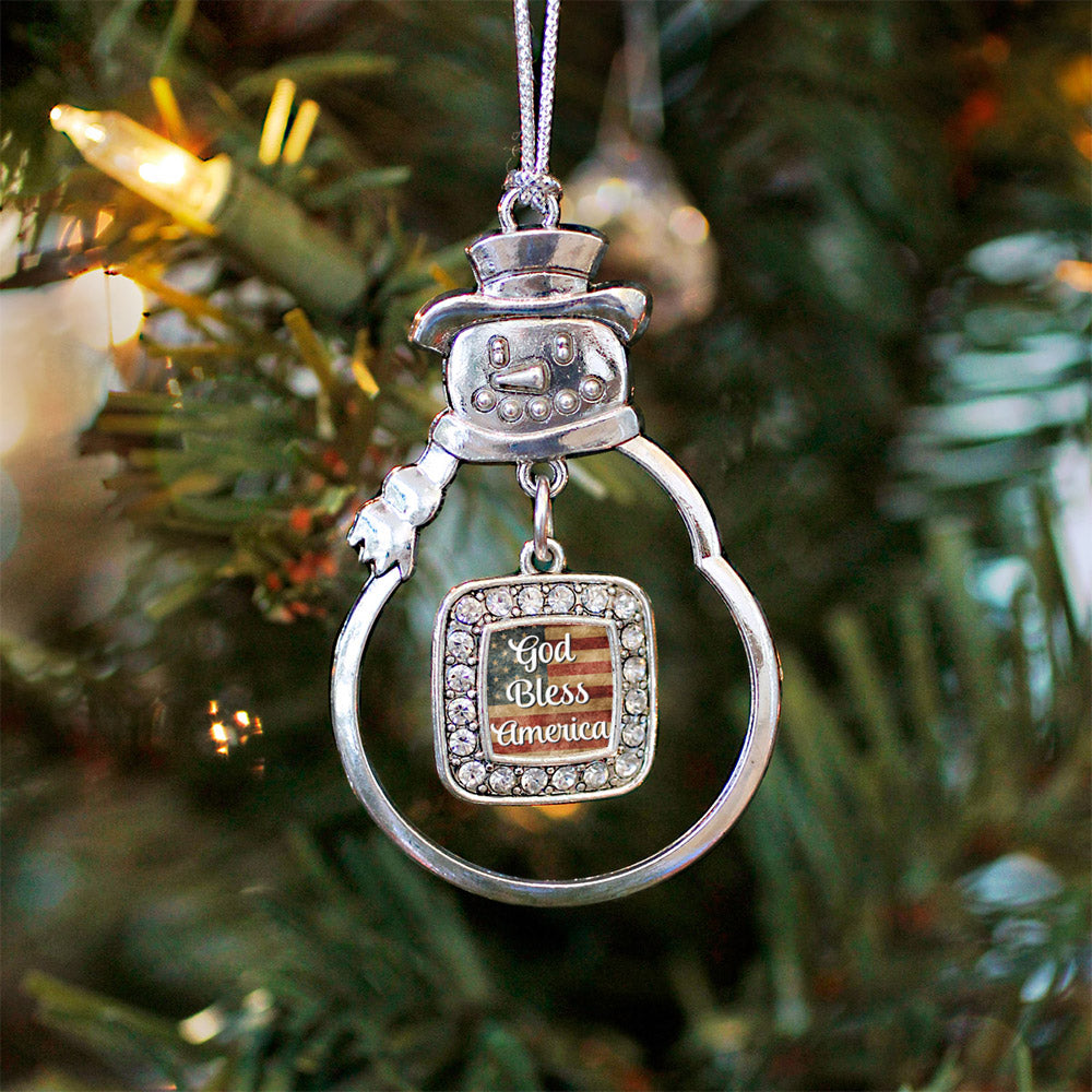 Silver God Bless America Square Charm Snowman Ornament