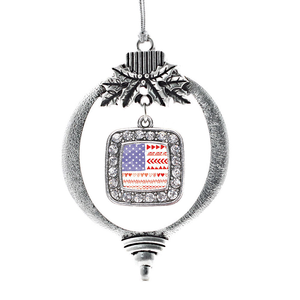 Silver Cute American Flag Square Charm Holiday Ornament