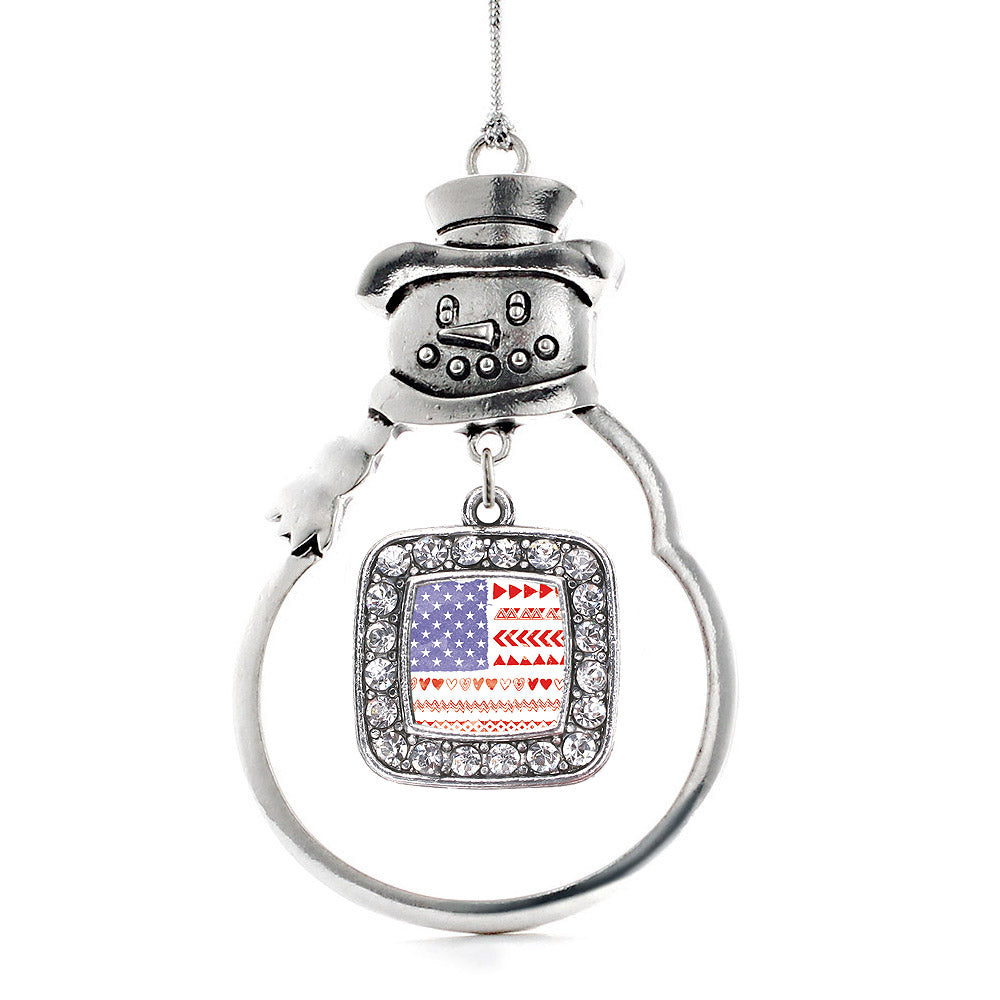 Silver Cute American Flag Square Charm Snowman Ornament