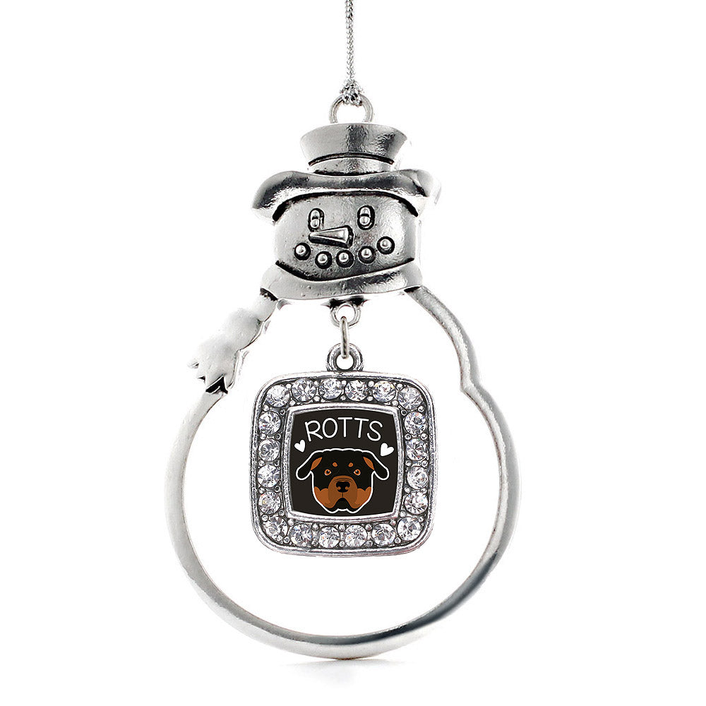 Silver Rottweiler Lover Square Charm Snowman Ornament