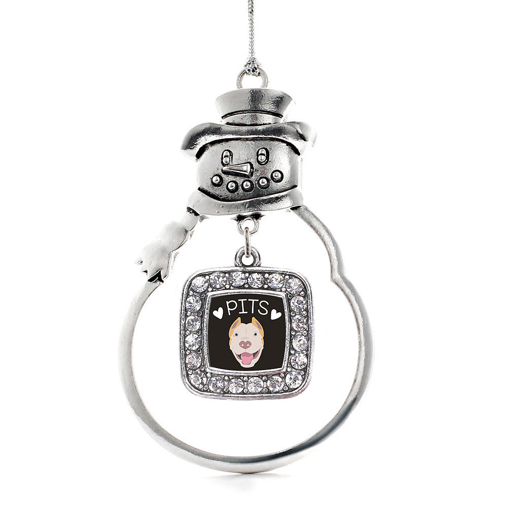 Silver Pit Bull Lover Square Charm Snowman Ornament
