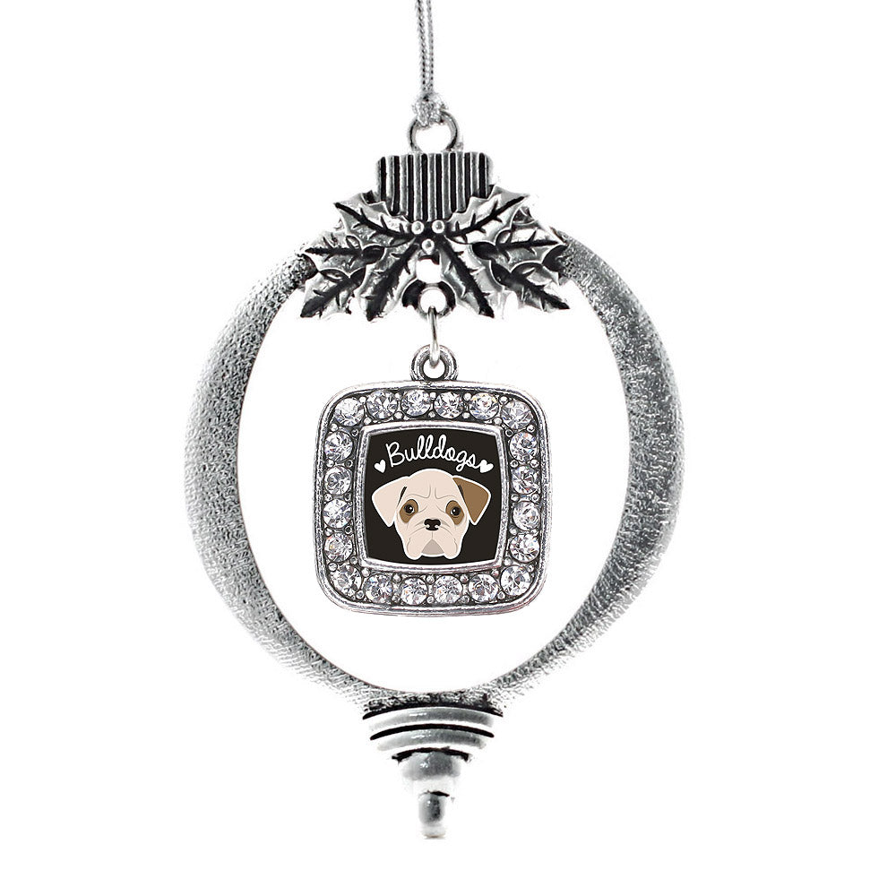 Silver Bulldog Lover Square Charm Holiday Ornament