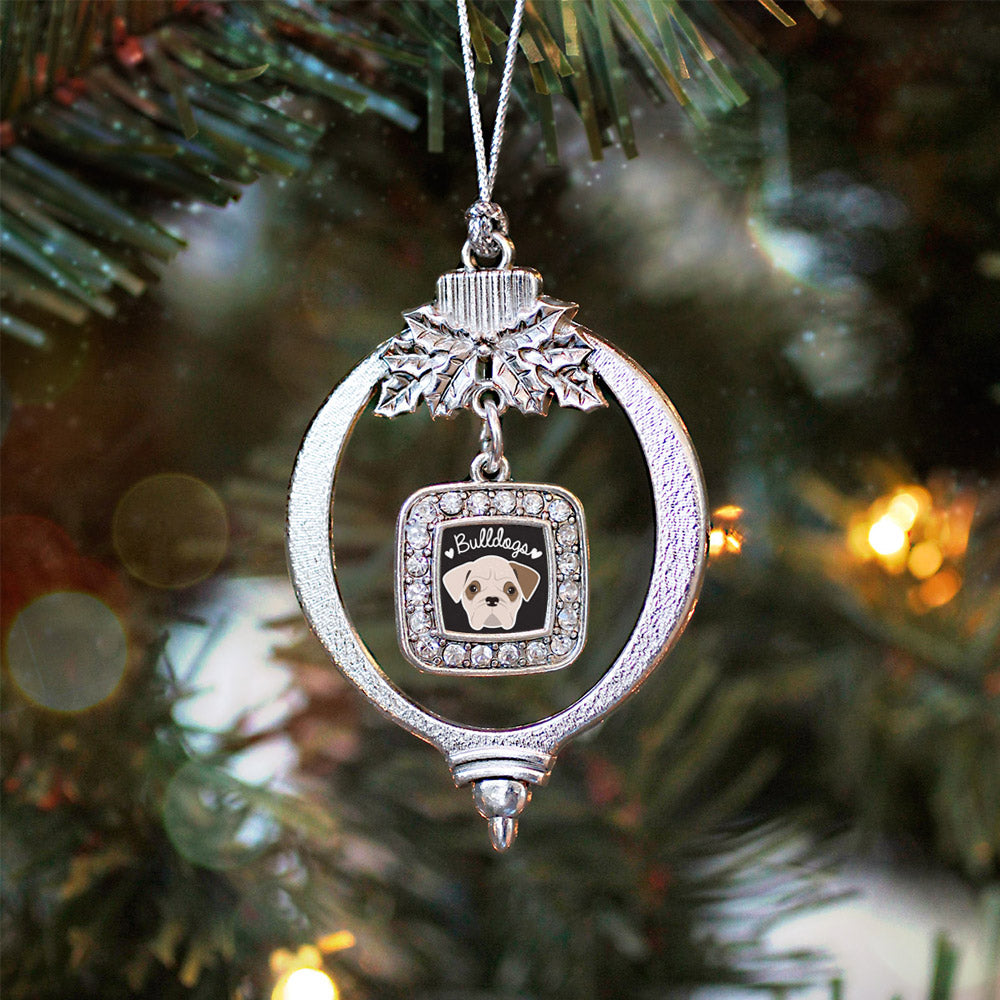Silver Bulldog Lover Square Charm Holiday Ornament