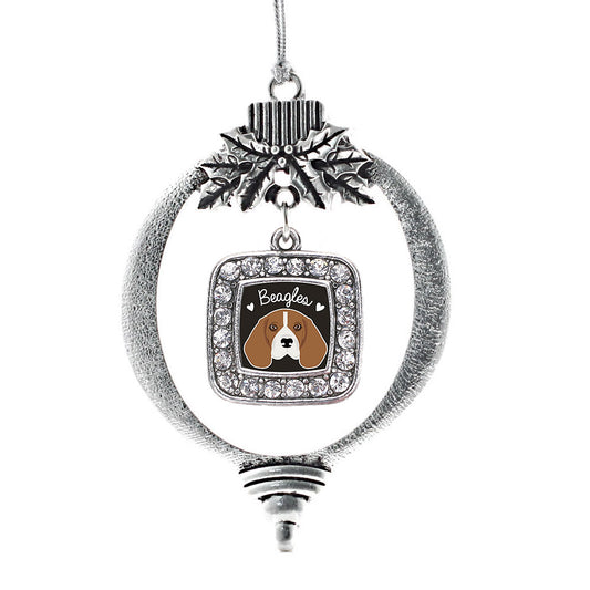 Silver Beagle Lover Square Charm Holiday Ornament