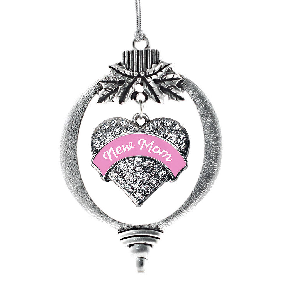 Silver Pink New Mom Pave Heart Charm Holiday Ornament
