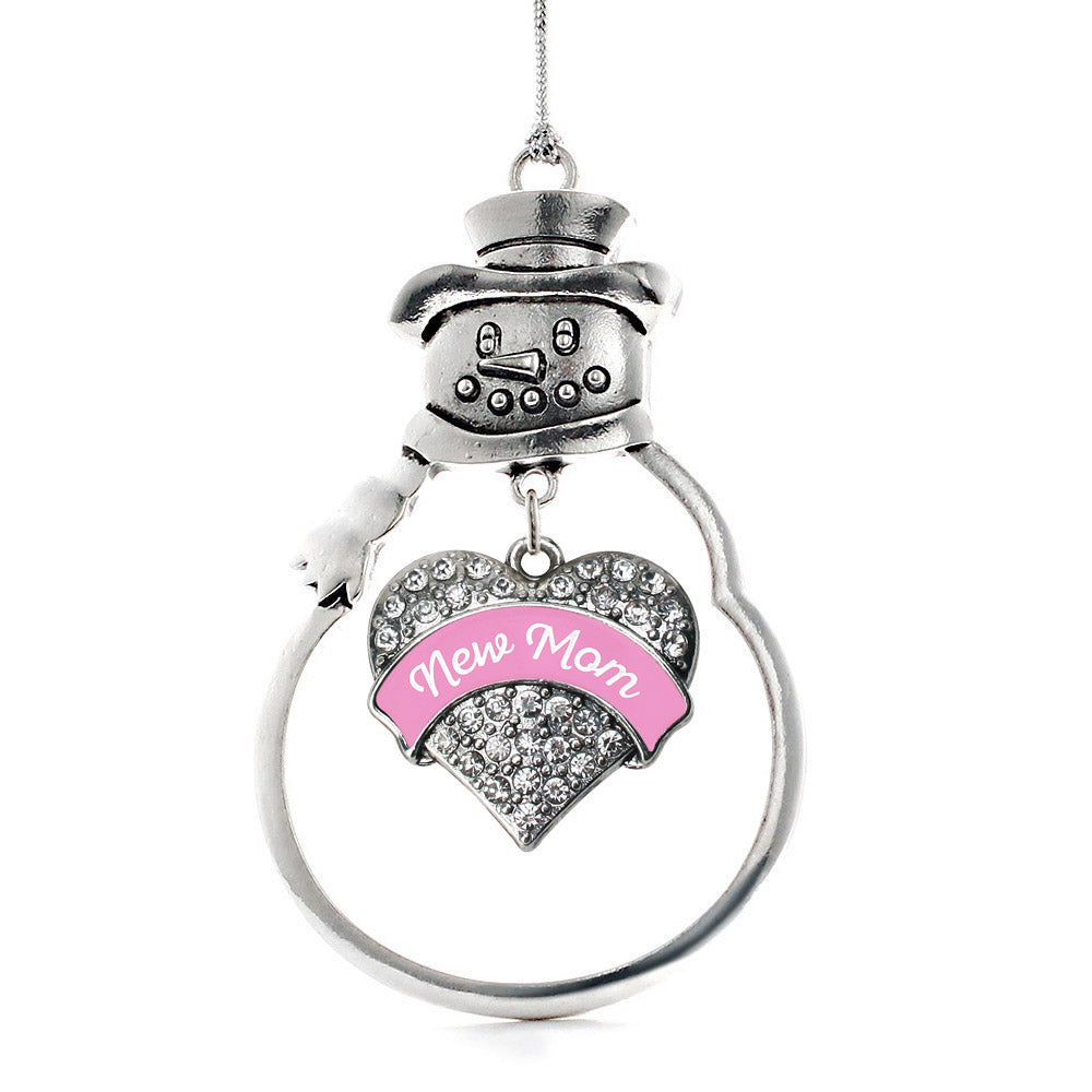 Silver Pink New Mom Pave Heart Charm Snowman Ornament