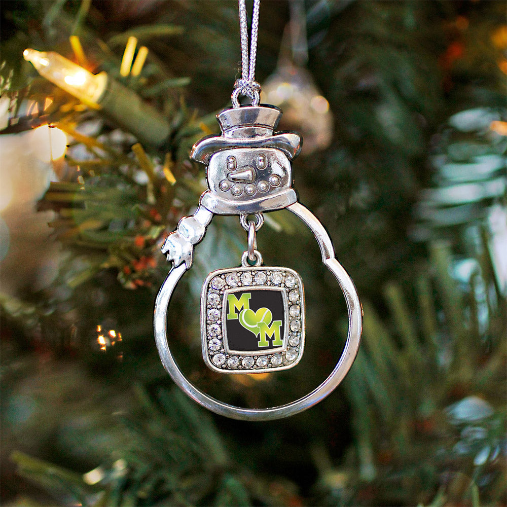 Silver Tennis Mom Square Charm Snowman Ornament