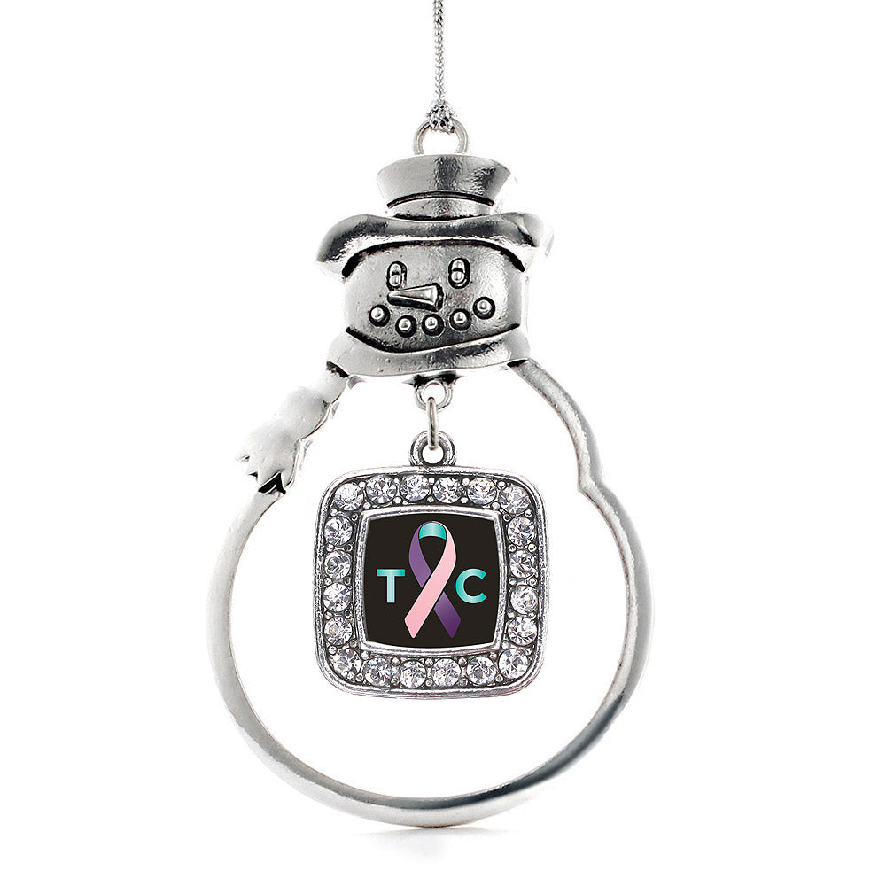 Silver Thyroid Cancer Support Square Charm Snowman Ornament