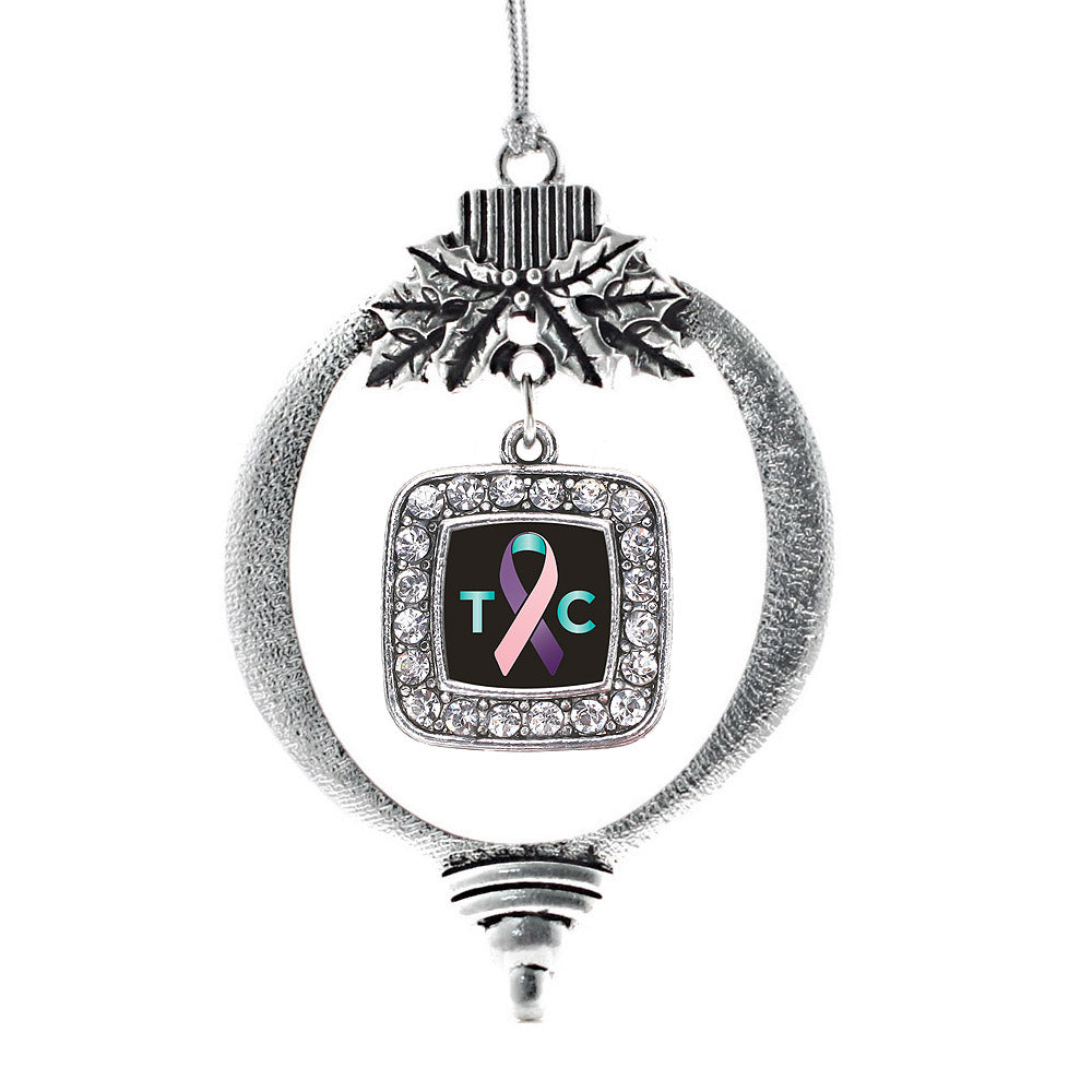 Silver Thyroid Cancer Support Square Charm Holiday Ornament