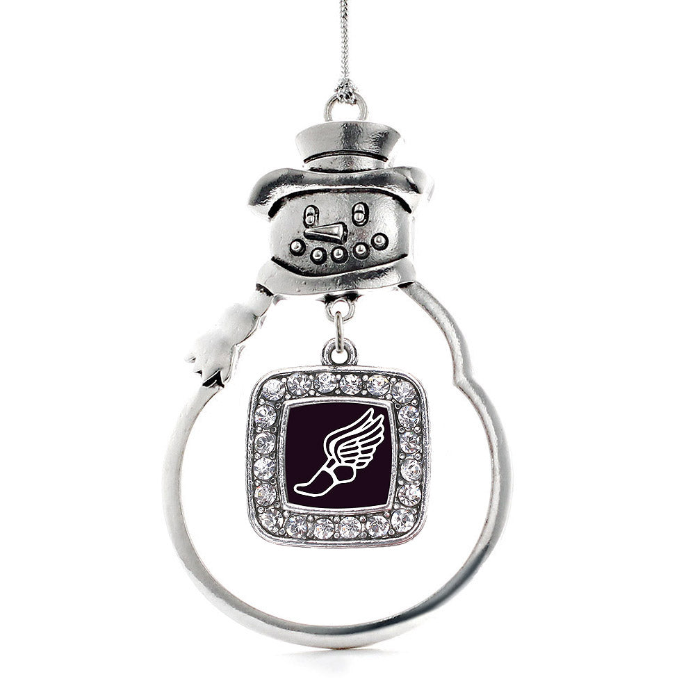 Silver Track Runner Square Charm Snowman Ornament
