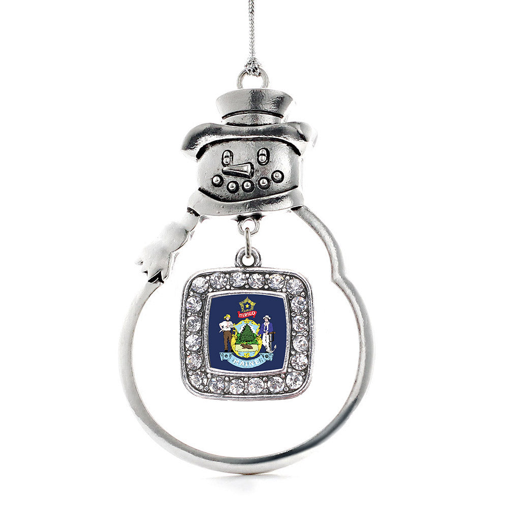 Silver Maine Flag Square Charm Snowman Ornament