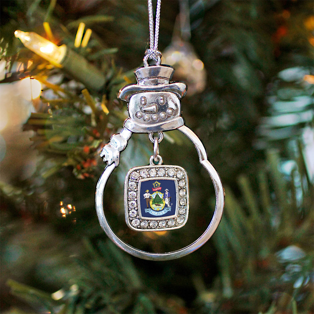 Silver Maine Flag Square Charm Snowman Ornament