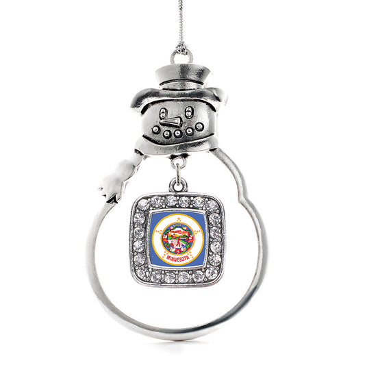 Silver Minnesota Flag Square Charm Snowman Ornament