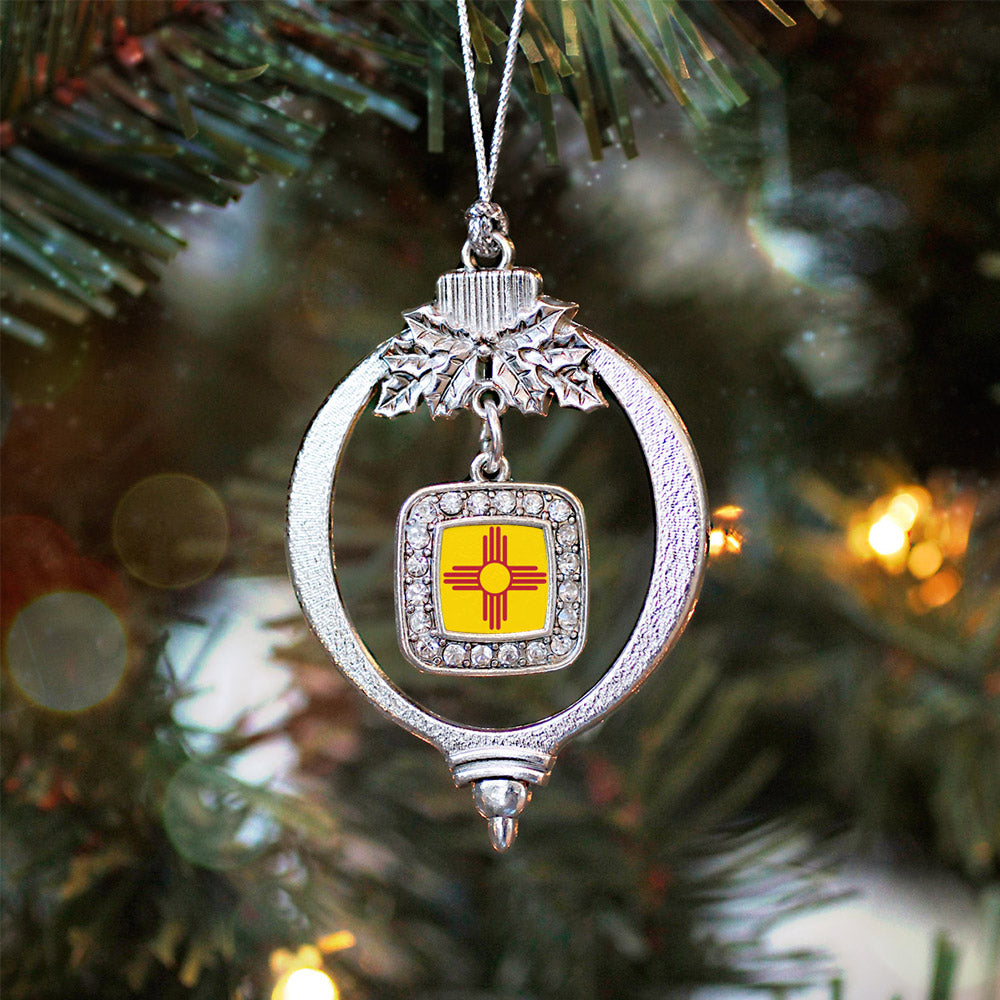 Silver New Mexico Flag Square Charm Holiday Ornament