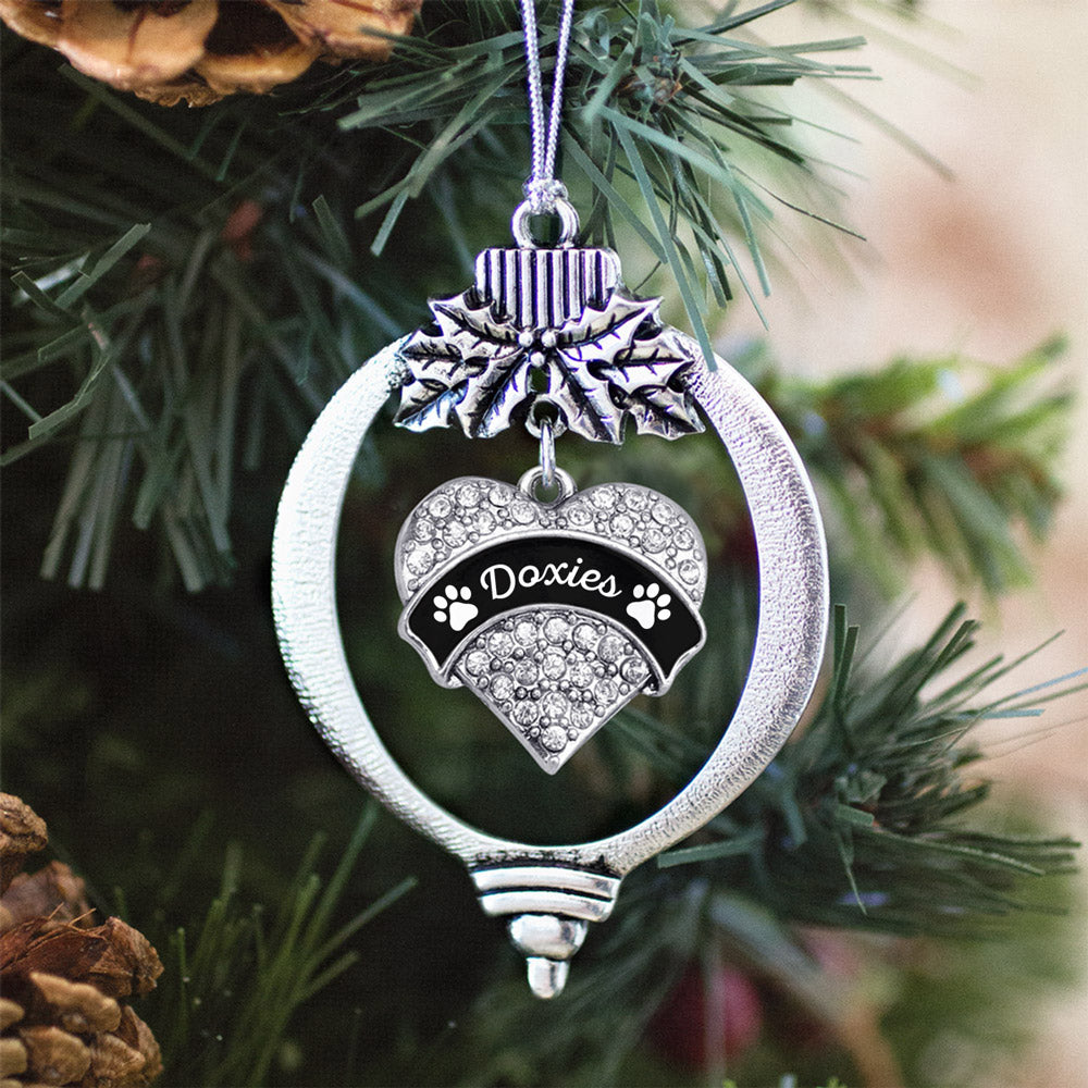 Silver Doxies - Paw Prints Pave Heart Charm Holiday Ornament