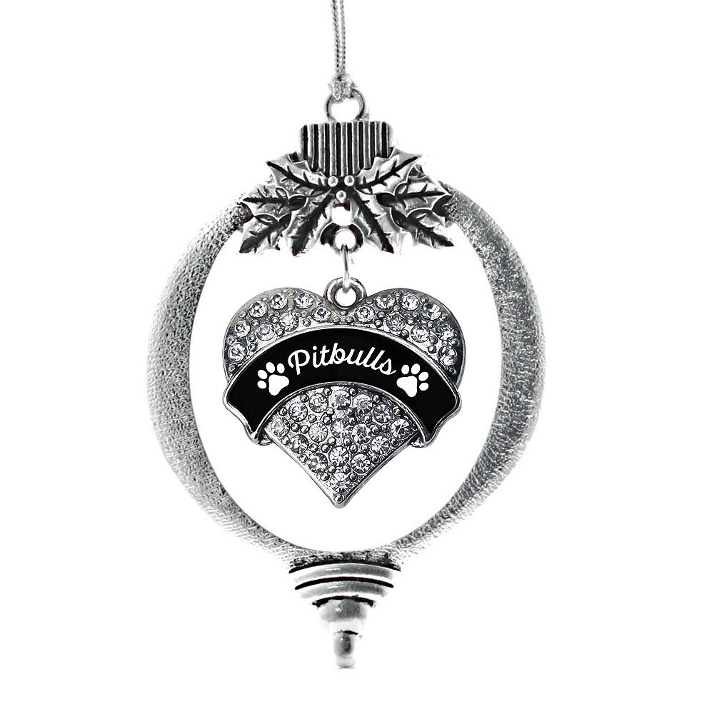 Silver Pitbulls - Paw Prints Pave Heart Charm Holiday Ornament