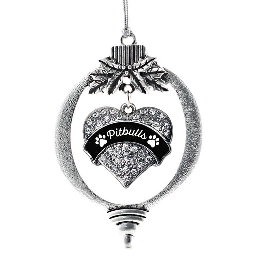 Silver Pitbulls - Paw Prints Pave Heart Charm Holiday Ornament