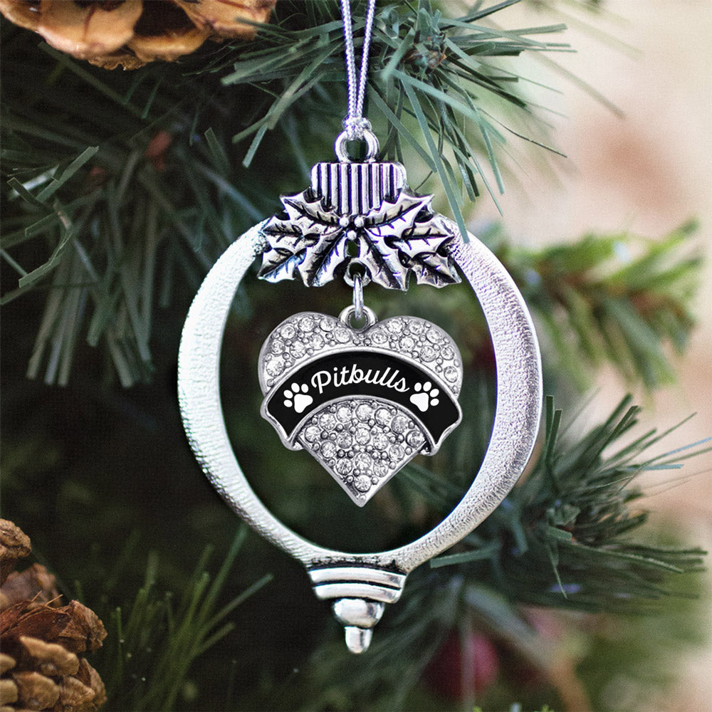 Silver Pitbulls - Paw Prints Pave Heart Charm Holiday Ornament