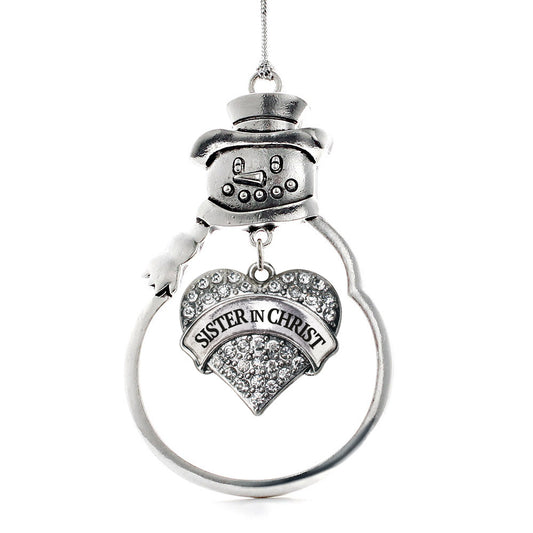 Silver Sister in Christ Pave Heart Charm Snowman Ornament