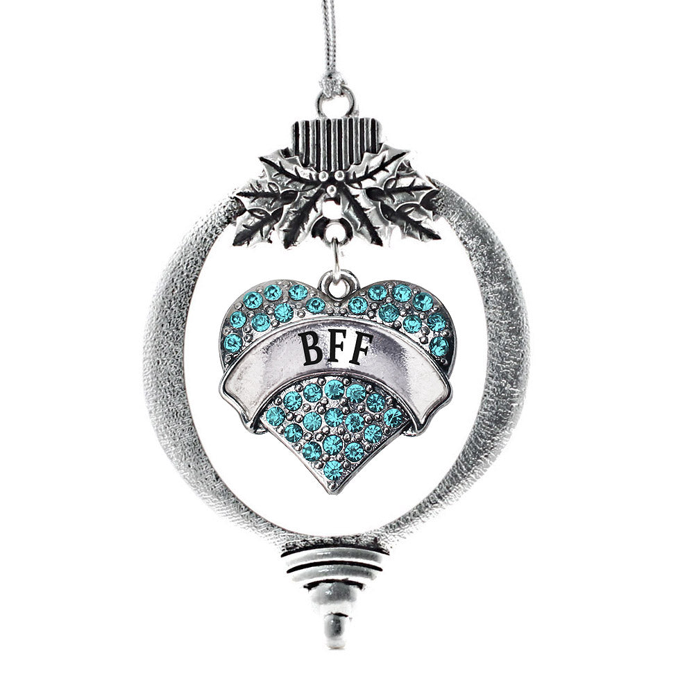 Silver Teal BFF Aqua Pave Heart Charm Holiday Ornament