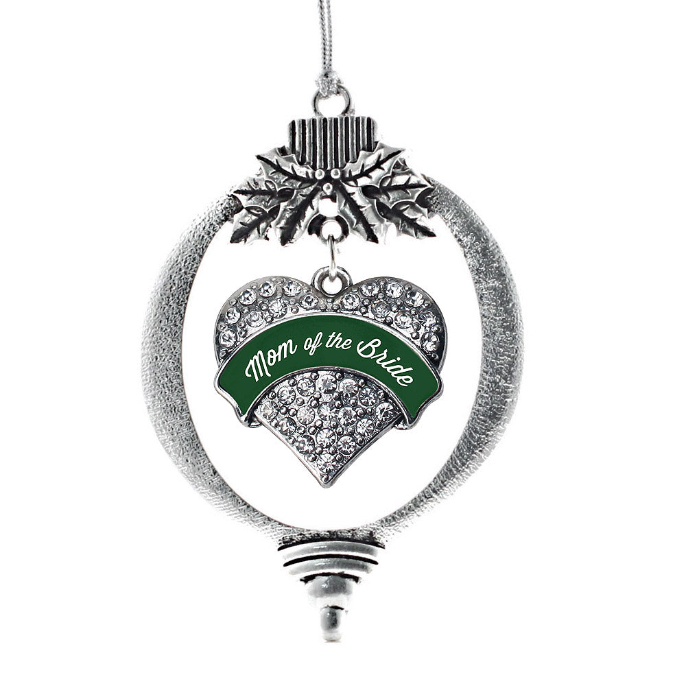 Silver Forest Green Mom of Bride Pave Heart Charm Holiday Ornament
