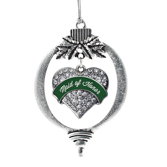 Silver Forest Green Maid of Honor Pave Heart Charm Holiday Ornament